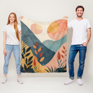 Coral Teal Twin Suns Boho Mountain Landscape Fleece Blanket