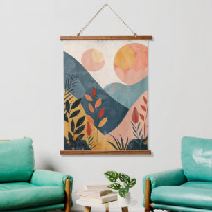 Coral Teal Twin Suns Boho Mountain Landscape Hanging Tapestry