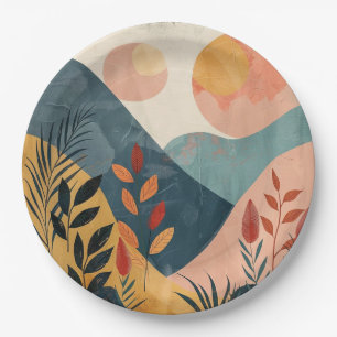 Coral Teal Twin Suns Boho Mountain Landscape Paper Plate
