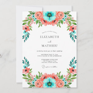 Coral Teal Vibrant Floral Wedding Invitation