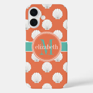 Coral Teal White Clamshells Seashells Monogram iPhone 16 Case