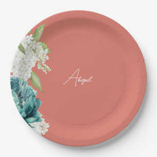 Coral Teal & White Floral Custom Bridal Shower Paper Plate