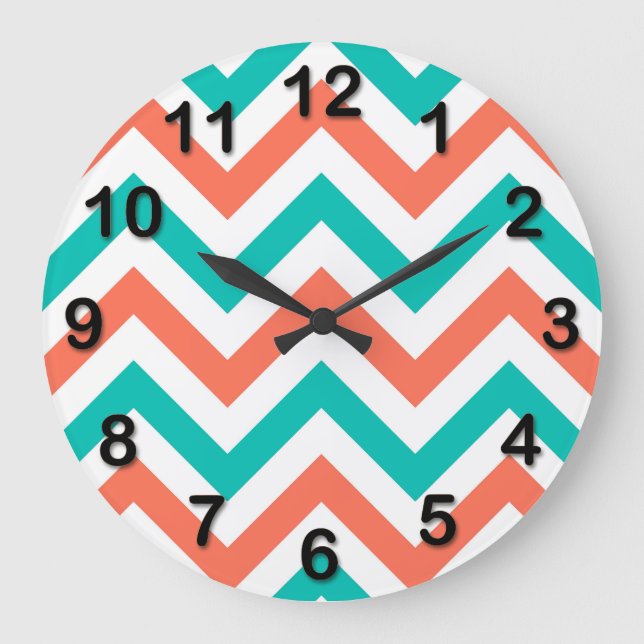 Coral, Teal, White Large Chevron ZigZag Pattern Clock (Front)