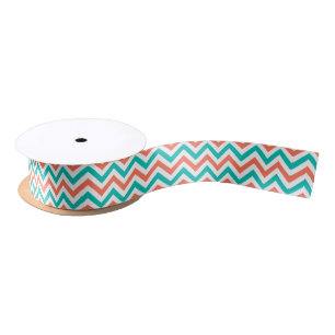 Coral, Teal, White Large Chevron ZigZag Pattern Satin Ribbon