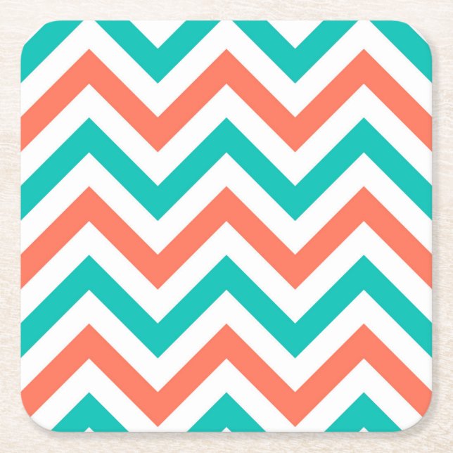 Coral, Teal, White Large Chevron ZigZag Pattern Square Paper Coaster (Front)