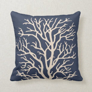 Coral Tree in Cream on Dark Navy Blue Cushion
