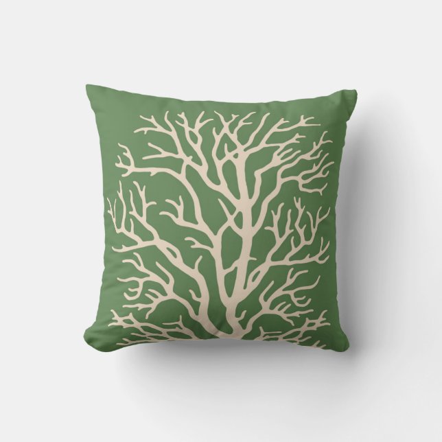 Coral Tree in Cream on Lichen Green Cushion (Front)