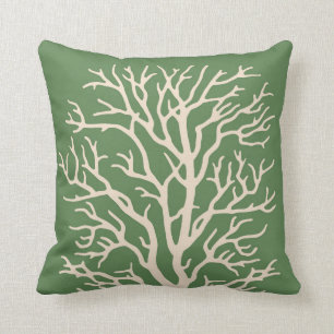 Coral Tree in Cream on Lichen Green Cushion