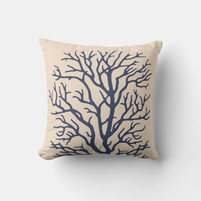 Coral Tree in Dark Navy Blue Cushion (Front)