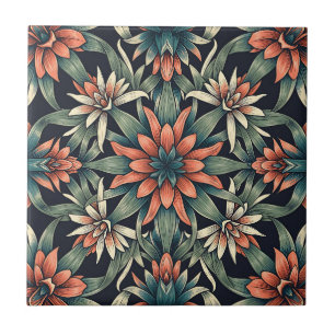 Coral Tropical Floral Seamless Pattern Dark Navy Ceramic Tile