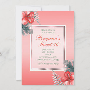 Coral Tropical Hibiscus & Leaves Party Invitations