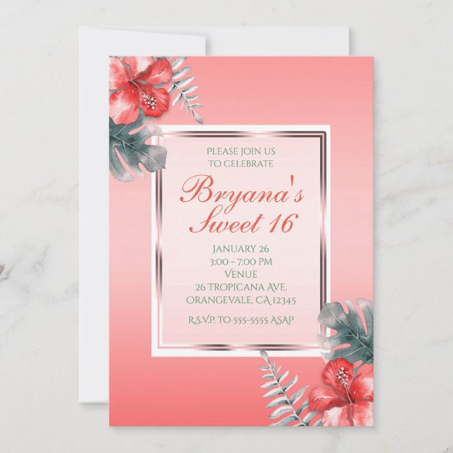 Coral Tropical Hibiscus & Leaves Party Invitations (Front)