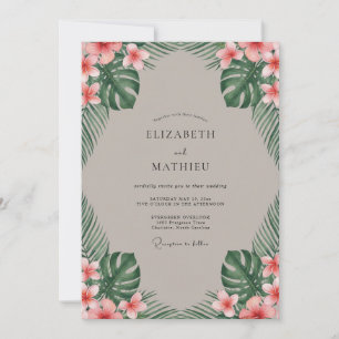 Coral Tropical Monstera Eucalyptus Wedding Invitation