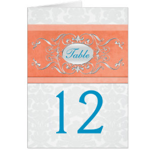 Coral, Turquoise, and Grey Damask Table Number