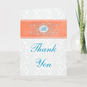 Coral, Turquoise, and Grey Damask Thank You Card