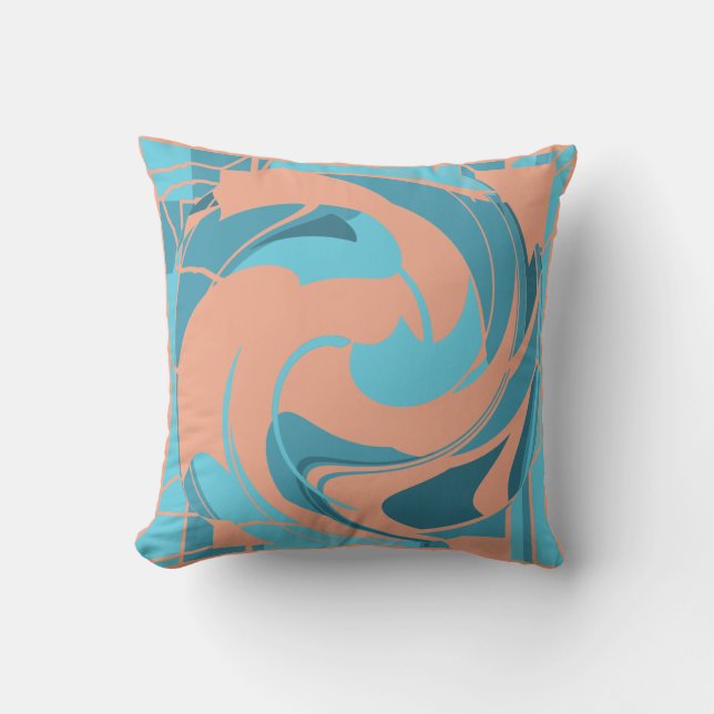 Coral Turquoise Aqua Abstract Flower Art Mosaic Cushion (Front)