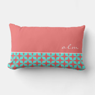 Coral & Turquoise Atomic Pattern   Monogram Lumbar Cushion