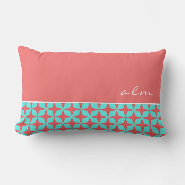 Coral & Turquoise Atomic Pattern | Monogram Lumbar Cushion (Front)