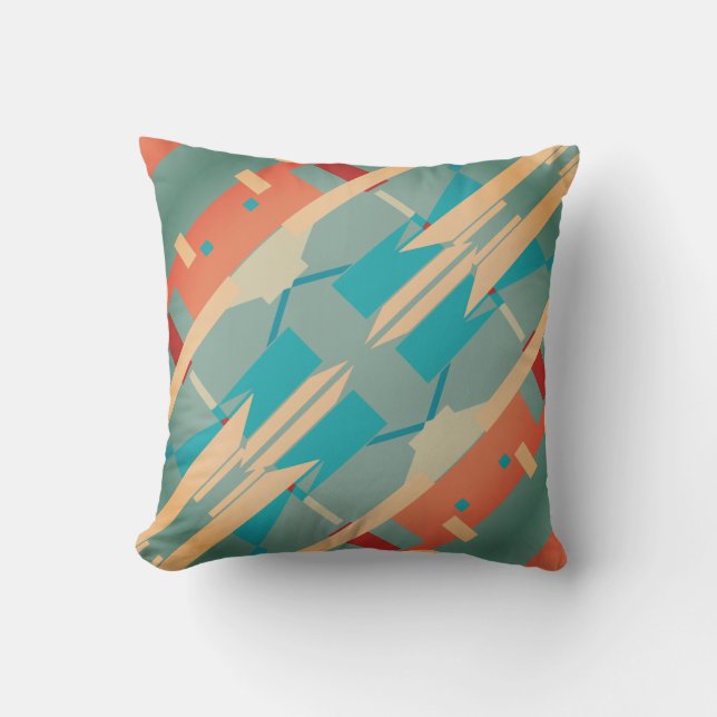 Coral Turquoise Beige Teal Diagonal Southwest Look Cushion (Front)