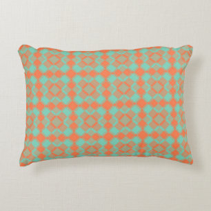 Coral Turquoise Checker Argyle Pattern Decorative Cushion