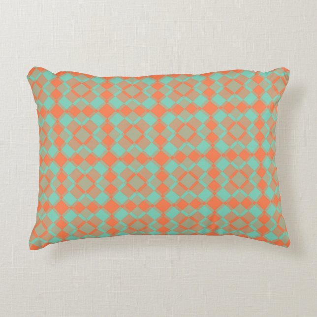 Coral Turquoise Checker Argyle Pattern Decorative Cushion (Front)