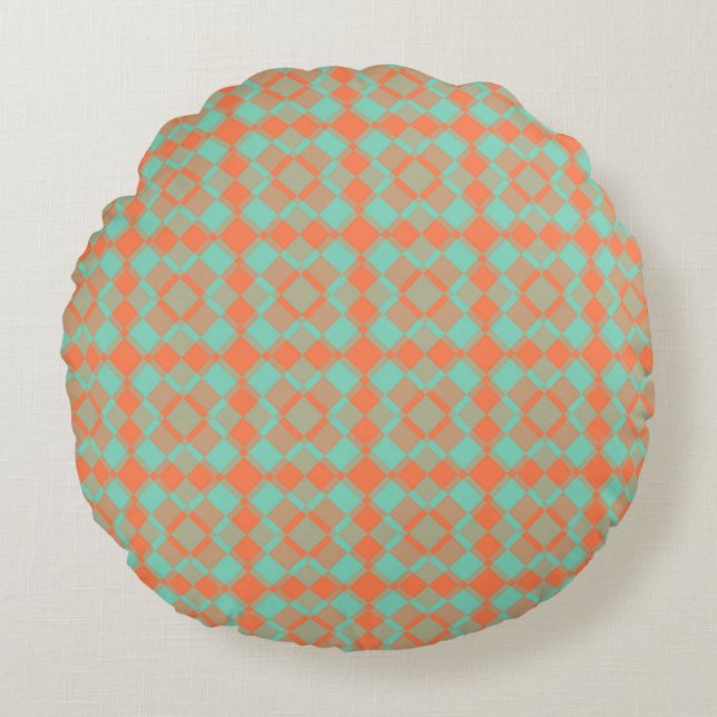 Coral Turquoise Chequered Argyle Pattern Round Cushion (Front)