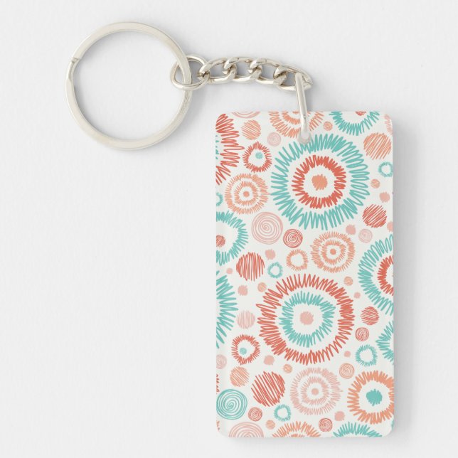 Coral & Turquoise Doodle ZigZag Circles Abstract Key Ring (Front)