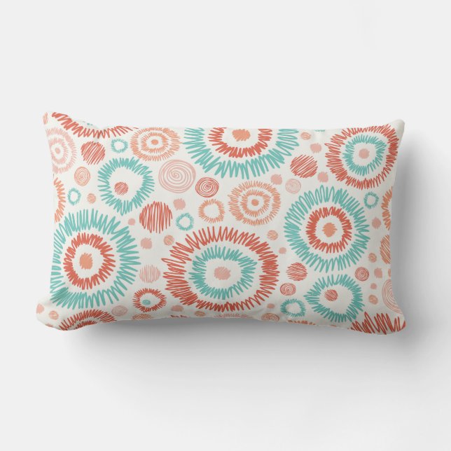 Coral & Turquoise Doodle ZigZag Circles Abstract Lumbar Cushion (Front)