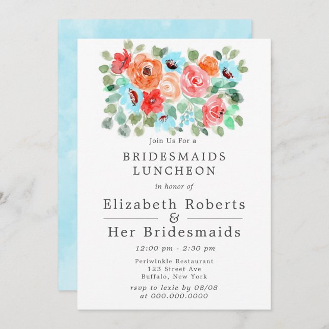 Coral Turquoise Paint Flowers Bridesmaids Luncheon Invitation (Front/Back)