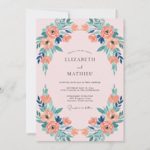 Coral Turquoise Peony Wedding Invitation