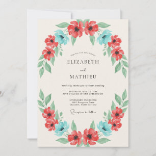 Coral Turquoise Poppy Wedding Invitation