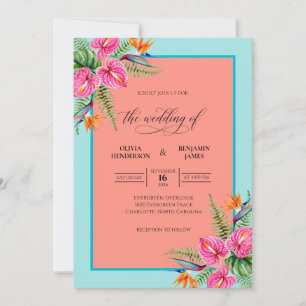 Coral Turquoise Tropical Grey Eucalyptus Wedding Invitation