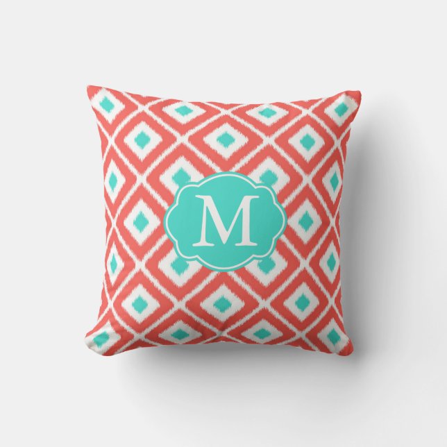 Coral, Turquoise, White Ikat Diamond Pattern Cushion (Front)