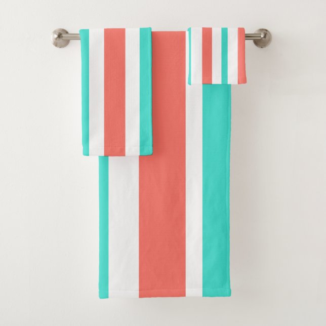 Coral Turquoise White Stripes Bath Towel Set (Insitu)