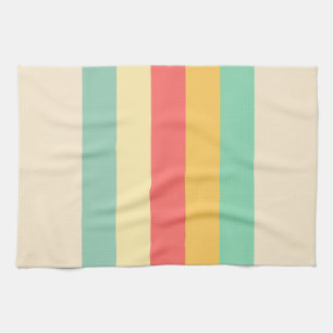 Coral Turquoise Yellow Beige Stripes Tea Towel