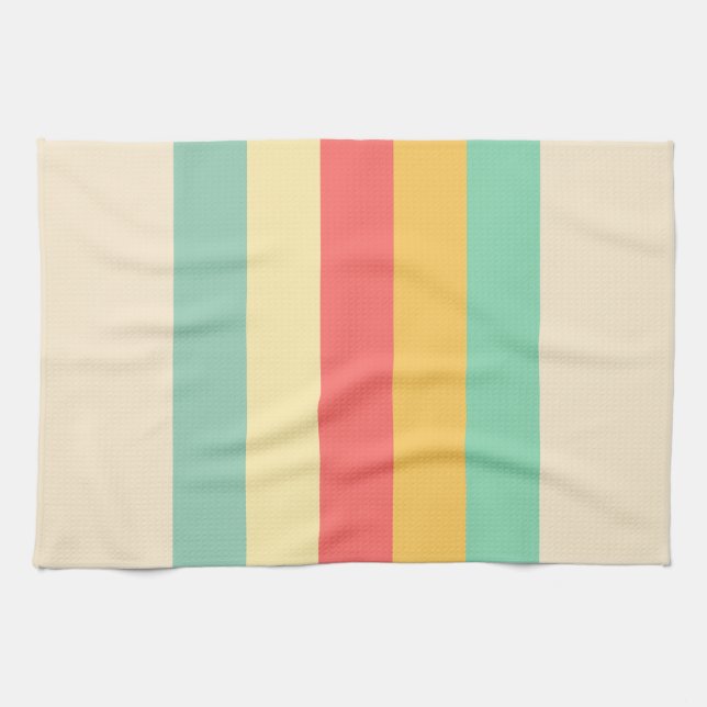 Coral Turquoise Yellow Beige Stripes Tea Towel (Horizontal)