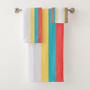 Coral Turquoise Yellow White Stripes Bath Towel Set