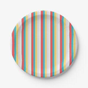 Coral Turquoise Yellow White Stripes Paper Plate