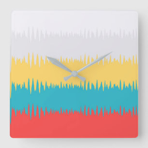 Coral Turquoise Yellow White Stripes Square Wall Clock