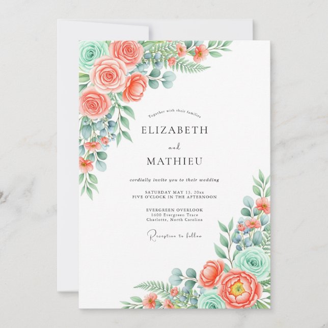 Coral Verdant Blossom Wedding Invitation (Front)
