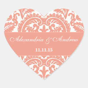 Coral Victorian Vintage Damask Heart Wedding Seal