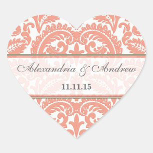 Coral Victorian Vintage Damask Heart Wedding Seal
