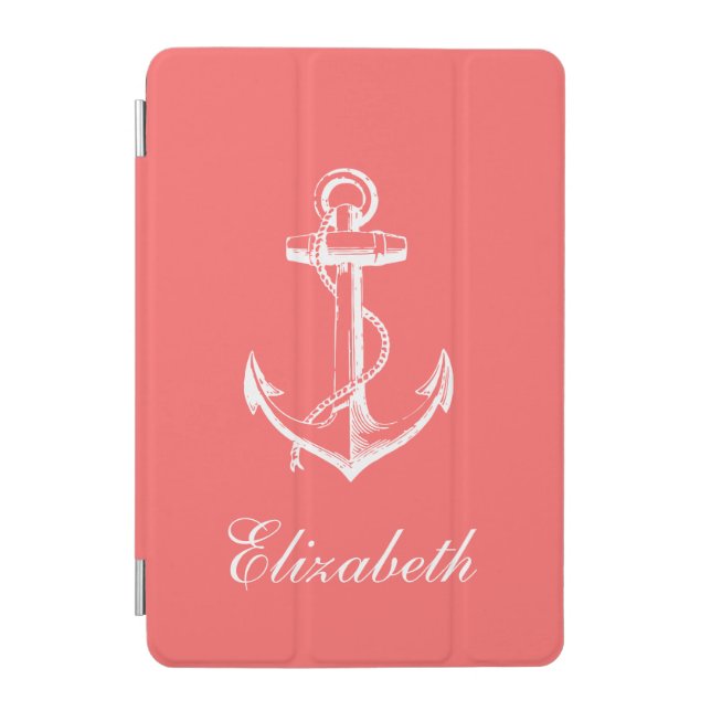 Coral Vintage Anchor Monogram iPad Mini Cover (Front)