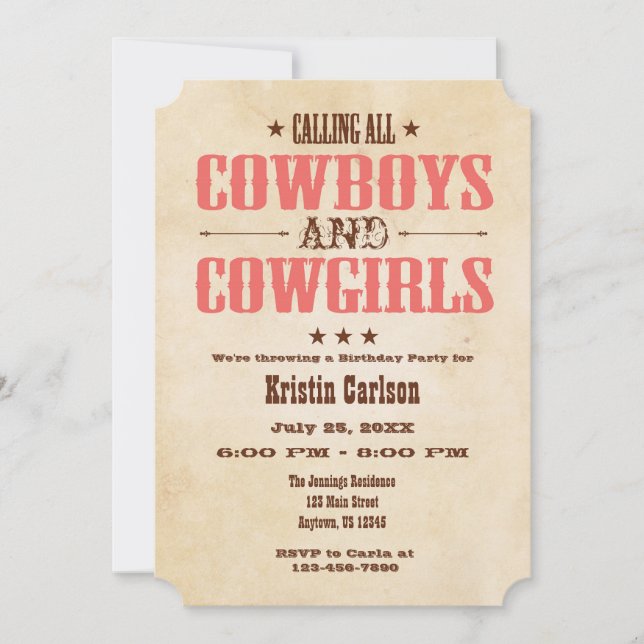 Coral Vintage Cowboy Birthday Invitation (Front)