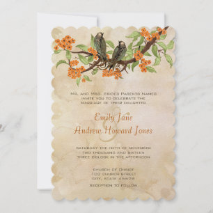 Coral Vintage Love Birds Tea Stain Wedding Invites