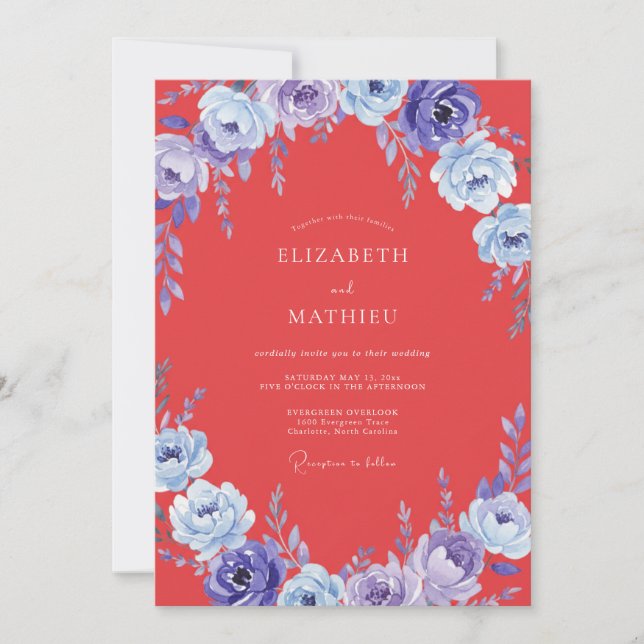 Coral Violet Peony Wedding Invitation (Front)