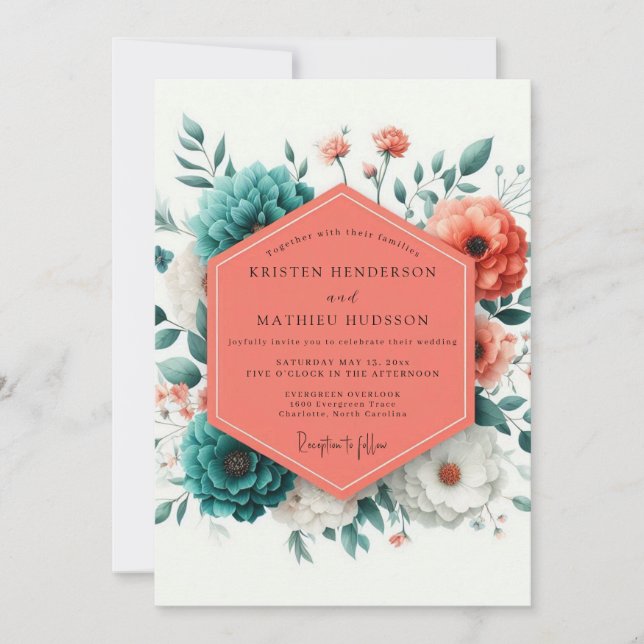 Coral Viridian Artful Bloom Wedding Invitation (Front)