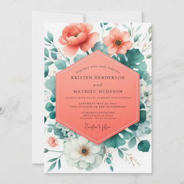 Coral Viridian Bloom Wedding Invitation (Front)