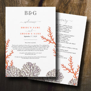 Coral Watercolor Beach Modern Wedding Itinerary Program