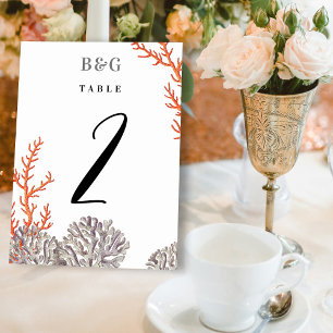 Coral Watercolor Beach Modern Wedding  Table Number
